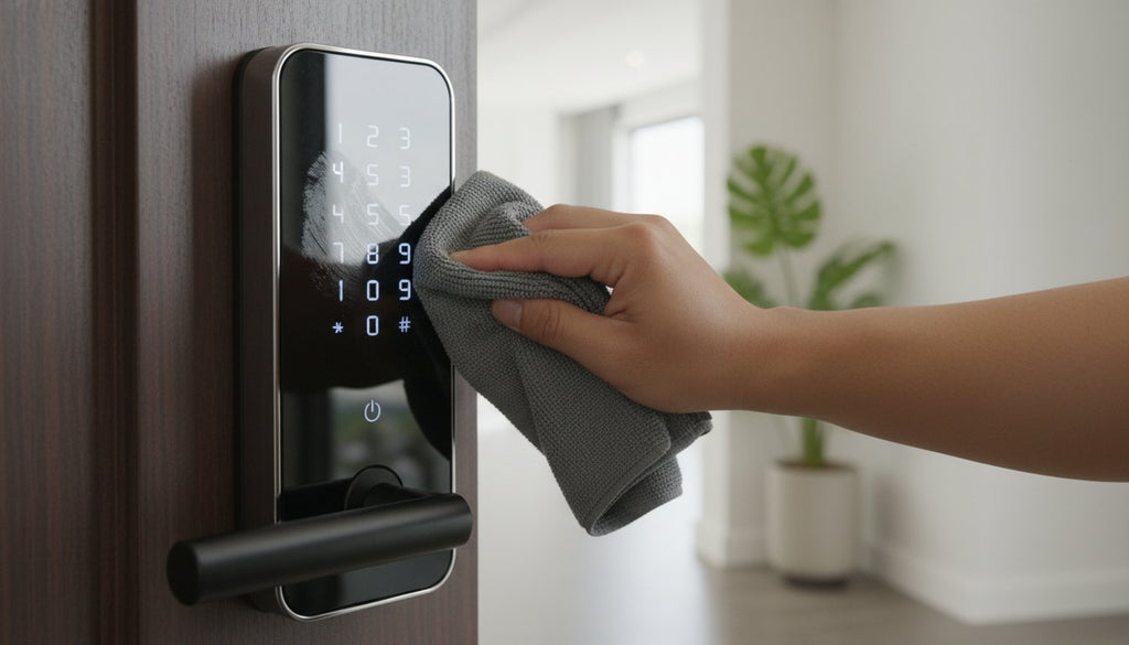 smart lock exterior cleaning with microfiber cloth and toothbrush